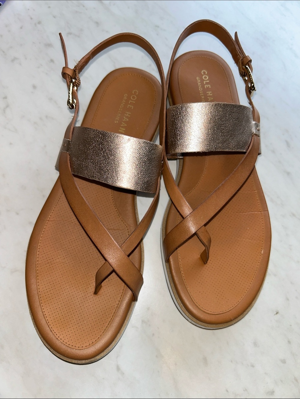 Cole Haan Camel Leather Slingback Sandals with Metallic Rose Strap